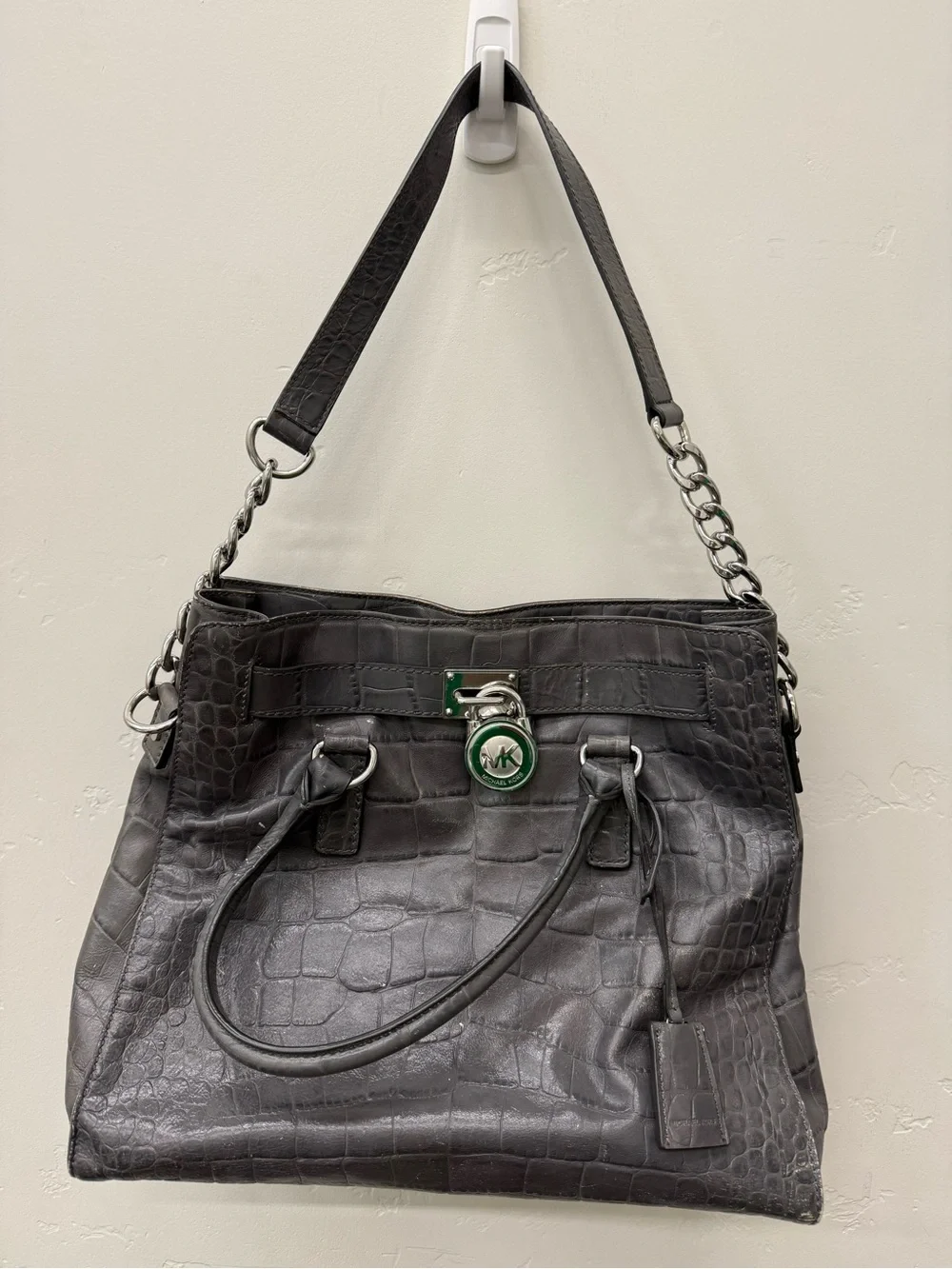 Michael Kors Gray Croc-Embossed Shoulder Tote with Chain Strap